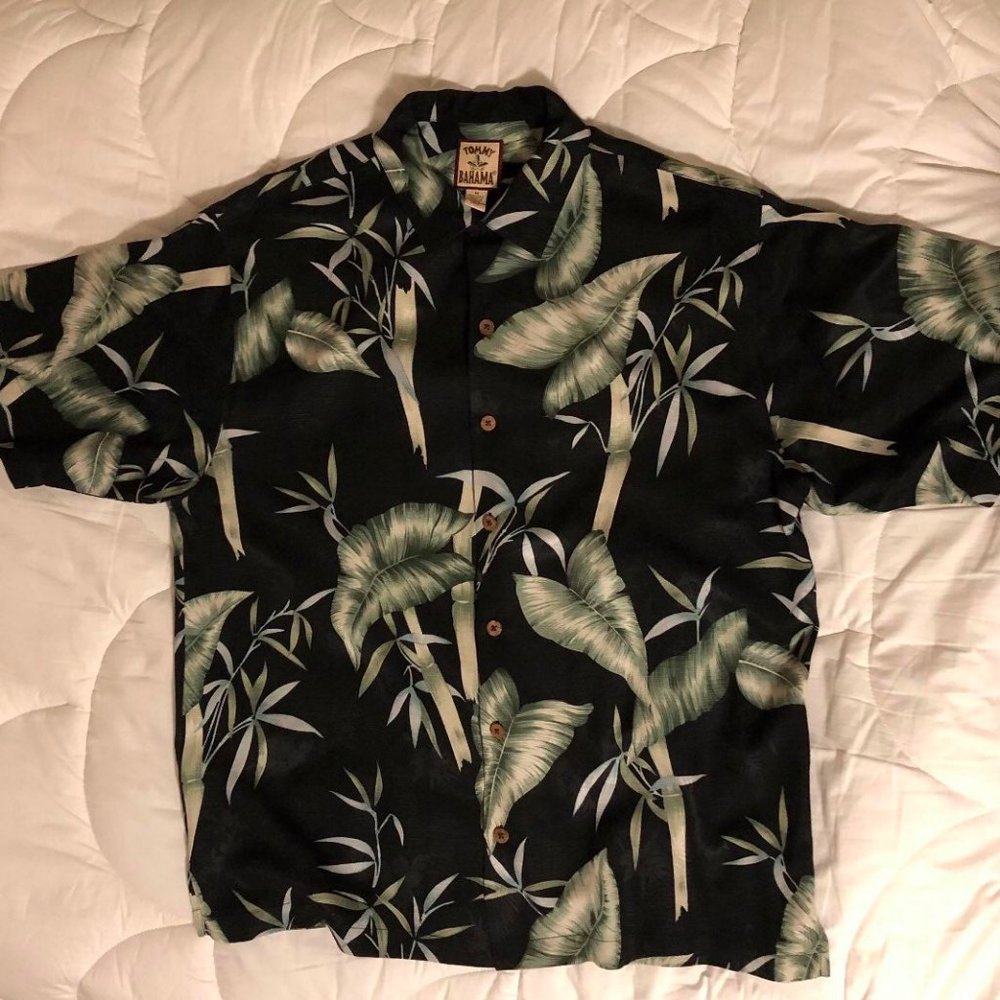 Tommy Bahama Black Hawaiian Button-Down Shirt with Green Leaf Print